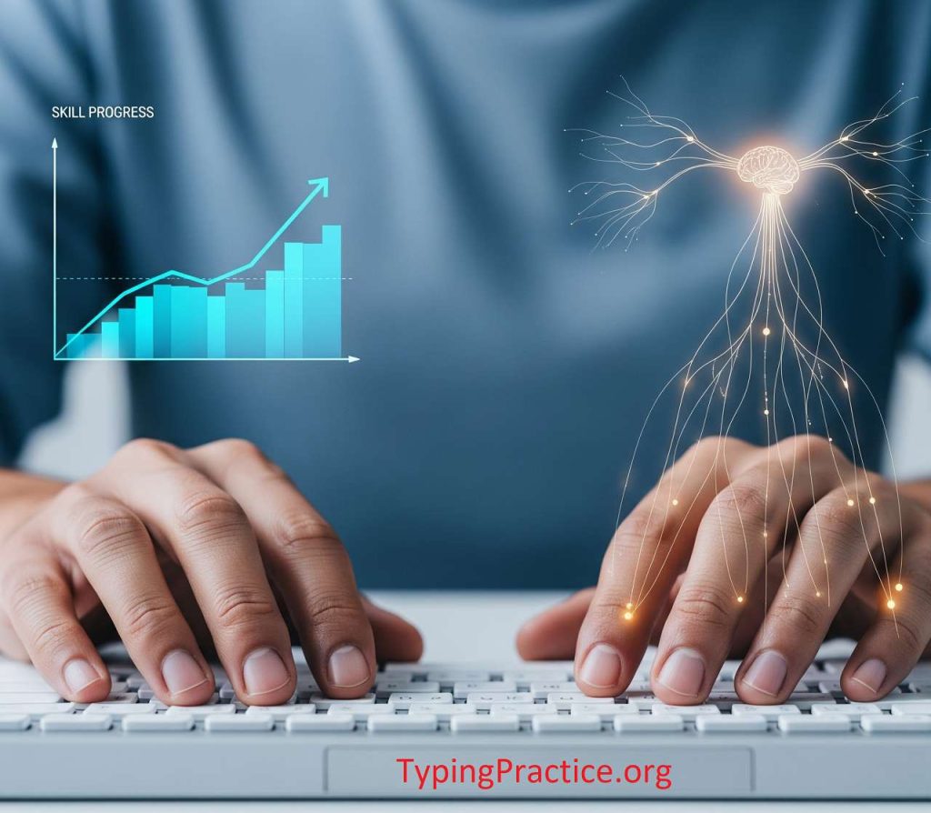 A person's hands in the correct touch typing position on a keyboard. Above are graphics showing a rising 'Skill Progress' chart and neural pathways connecting a brain icon to the fingertips, symbolizing muscle memory.